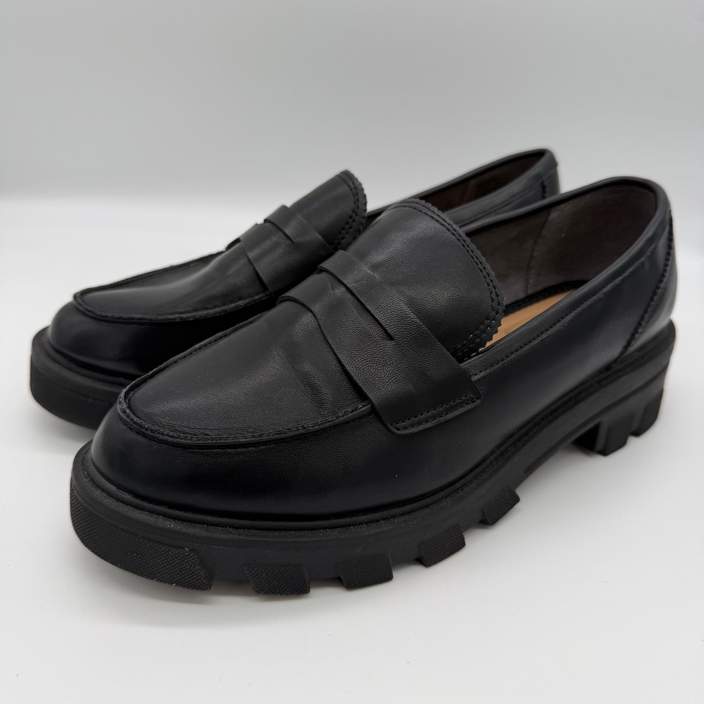 Crown Vintage Lanew Black Lug Sole Faux Leather Penny Loafers Size 8W